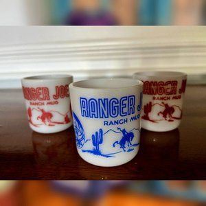 3 Vintage 1950s Hazel Atlas Ranger Joe Kids Platonite Glass Mug Cup 2 Red 1 Blue